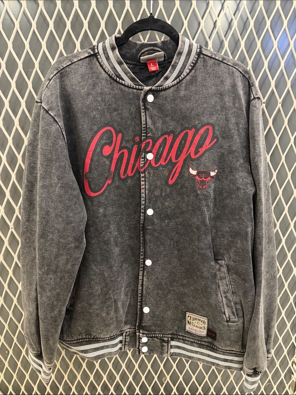 Mitchell & Ness Black Washed Chicago Script Varsity Jacket with Red Logo